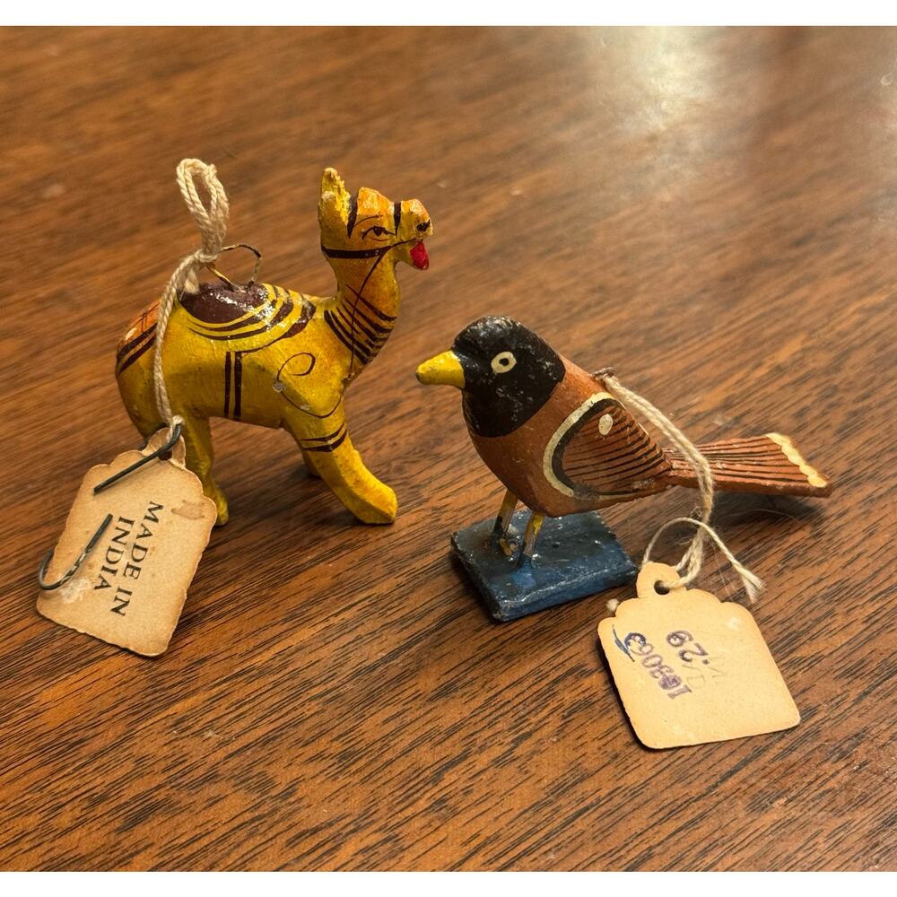 Vntg Hand-Carved Wooden Boho Camel & Bird Figurines Made in India Folk Art Decor